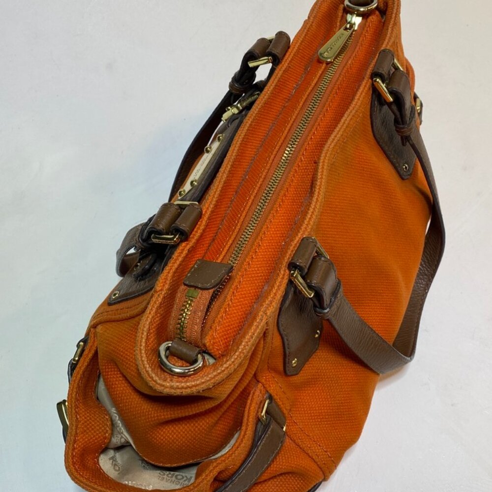 Michael Kors Gansevoort Zip Top Satchel Tangerine Canvas Brown Leather Trim - Picture 6 of 7